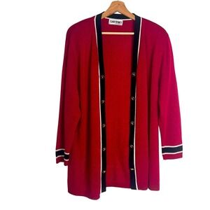 San Remo Women's Vintage Cardigan‎ Red Black Open Front Gold Buttons Large